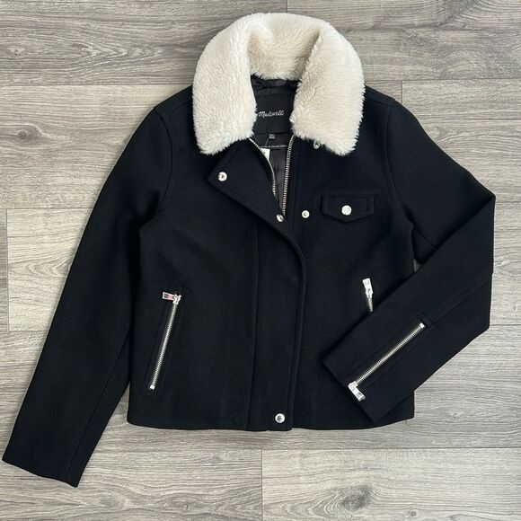 MADEWELL Sherpa Collar Wool Jacket XXS Black Italian Moto Cashmere Classic Retro - Picture 1 of 12